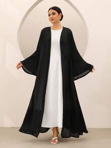 SHEIN Najma 优雅蕾丝拼接长袖喇叭袖口开襟女式长袍 - 黑色 - 查看 6