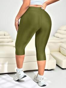 SHEIN EZwear Plus Size Summer Soft 3/4 Leggings, Military Green - Army Green - View 2