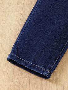 PrepCrw 少女淑女绅士风纯色水洗无袖背心和直筒牛仔裤套装，女童秋冬服装，儿童返校节休闲牛仔裤两件套优雅套装 - 深色水洗藍 - 查看 6