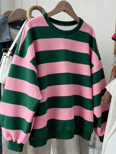 Franclia Plus Size Women's Casual Loose Striped Green & Pink Round Neck Sweatshirt, Christmas