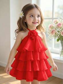 Babygirl Cute & Elegant Ruffle Floral Sleeveless Dress - Red - View 3