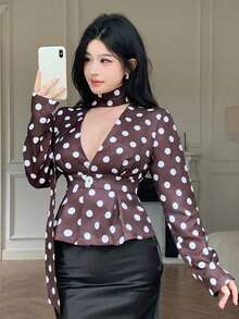 Modelyn 咖啡色波点露背收腰复古女式西装外套 - 棕色 - 查看 3