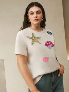 Anewsta Plus Size Women Summer Vacation White Ocean Sequin Embroidery T-Shirt - White - View 5