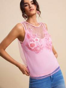 LOTSLUV Áo nữ màu hồng xuyên thấu cổ tròn không tay dáng rộng và áo hai dây màu hồng cánh sen, thích hợp cho mùa xuân/hè. - Màu Hồng baby - Xem 3