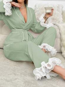 SHEIN Women's Elegant Contrast Color Ruffle Collar Belted Top And Pants Pajama Set, Spring/Autumn - Green - View 4