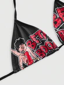 Betty Boop | ROMWE 女士字母卡通印花露背系带上衣和丁字裤内衣套装 - 黑色 - 查看 3