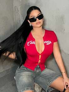 SHEIN SXY Letter Print Sexy Button T-Shirt,Red Top,Casual,Y2k, Country ,Summer, California Top, Cute Top, Cute Tops For Women,Country Concert Outfit Womens Red Top Crop Top Womens Graphic Tee Red Casual Top - Red - View 3