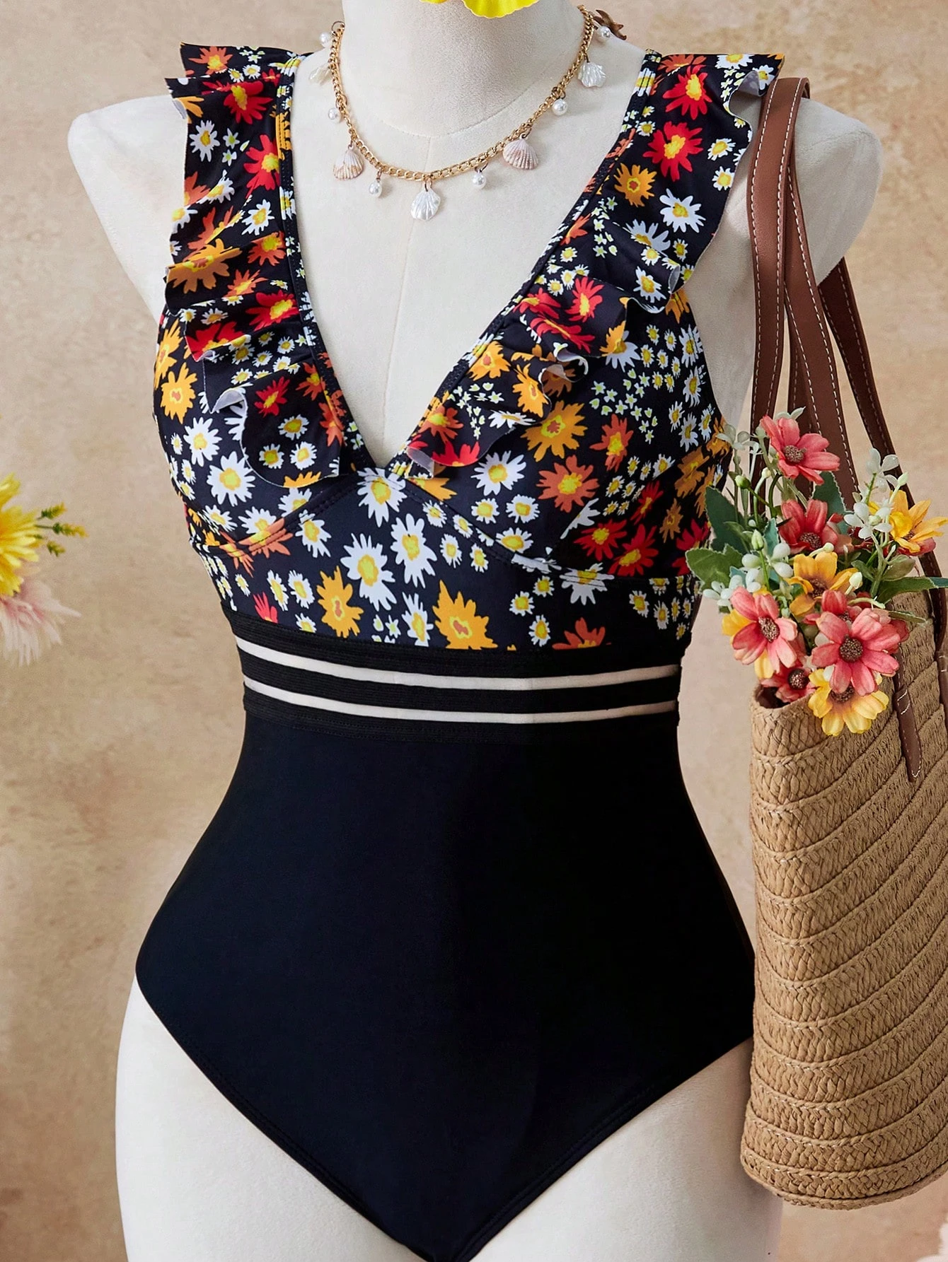 Swim Lushoire Fato de banho de uma peça impressão floral malha de contraste - Multicolorido - Visão 3