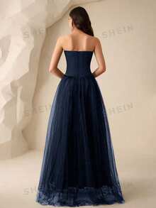 Coutiva Vestido de gala maxi de mujer con parches de malla con incrustaciones de diamante de imitación (bordado pesado) - Azul Marino - Ver 2