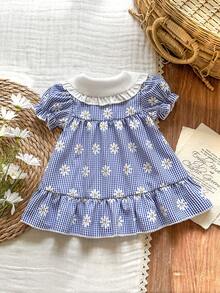 SHEIN Vintaside Kids Đầm công chúa cho bé sơ sinh với họa tiết trái tim hoạt hình dễ thương, có dây đeo và nơ trang trí, thích hợp cho các chuyến đi chơi, kỳ nghỉ và tiệc tùng mùa xuân/hè. - Màu xanh lam - Xem 2