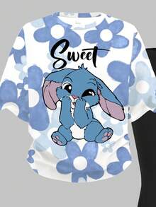 Ensemble 2 pièces Top à manches courtes col rond et pantalon évasé, motif lapin bleu Lulu et Stitch, dégradé bleu floral, style dessin animé décontracté pour jeune fille, adapté pour l'été - Multicolore - Voir 4