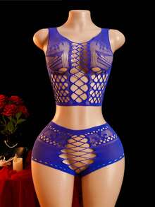 Bộ 2 món thời trang gợi cảm dành cho nữ, gồm áo croptop và quần short lưới co giãn khoét lỗ. - Màu xanh lam - Xem 6