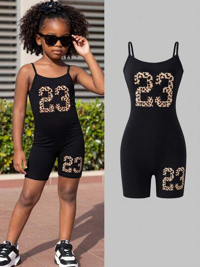 Tween Girl Letter Print Sports Casual Cami Black Adjustable Romper 2025 Back-To-School Season Kids College Outfits And Campus Sportswear