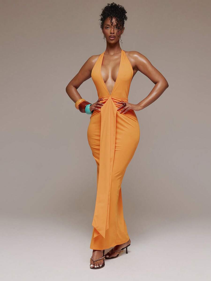 MUSERA 性感吊带露背长裙，春夏伊比沙岛音乐节度假风，可爱性感，千禧年夜店热带诱惑 - 橘色 - 查看 1