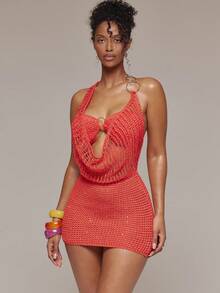 MUSERA 亮片针织钩编露背圆环细节层叠镂空修身迷你连衣裙，春夏伊比沙岛音乐节度假可爱性感Y2K夜店热带诱惑 - 橘色 - 查看 5