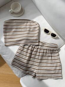 Comfortcana Women's Summer Vacation Striped Cropped Bandeau Top And Shorts 2 Pieces Set - Khaki - View 6