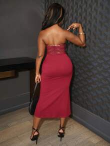 Chea Andrea 优雅法式蕾丝露肩简约时尚高端修身女士连衣裙 - 紅色 - 查看 2