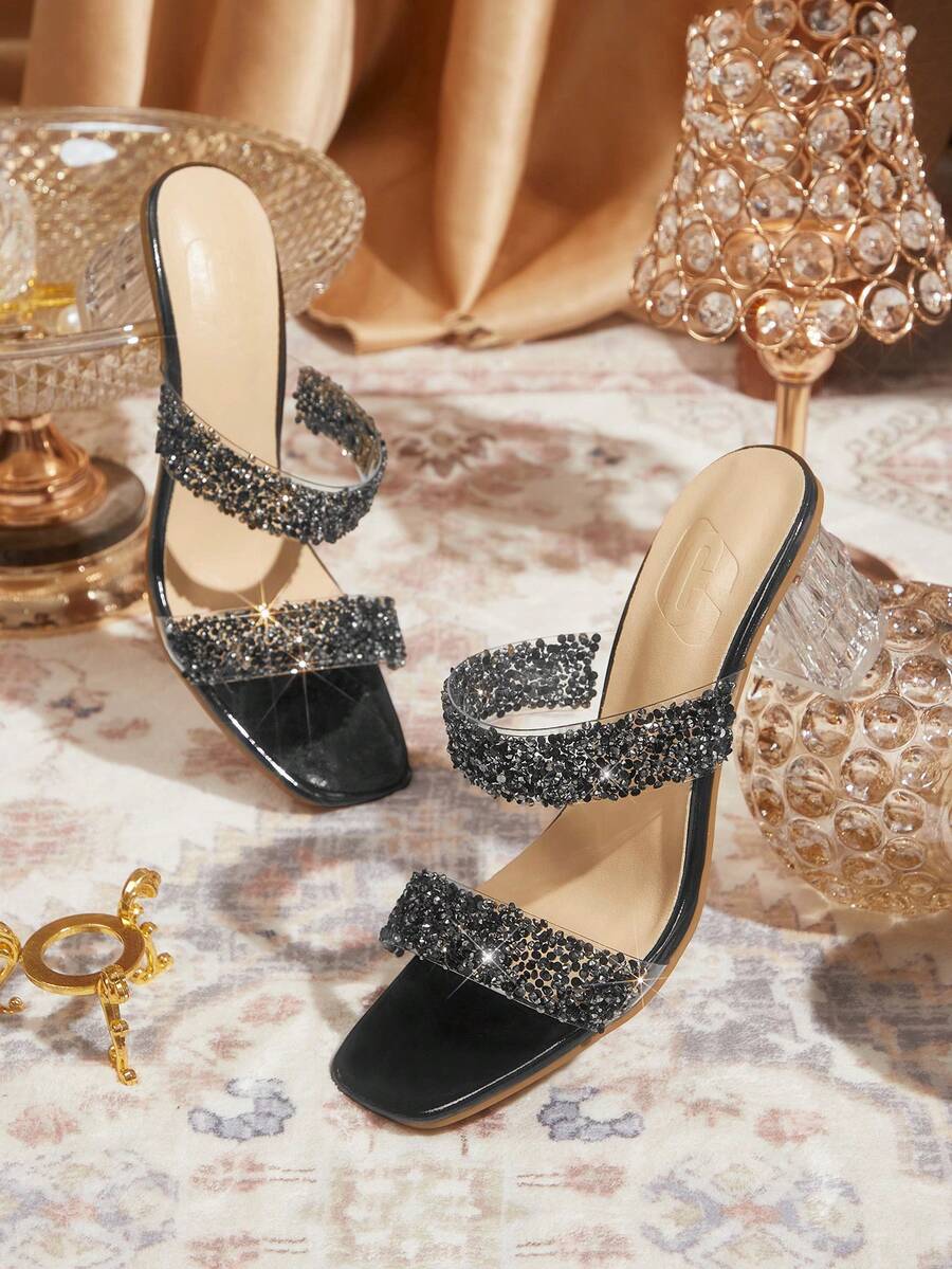 CUCCOO TILAWA Women's Fashion Crystal Glass Rhinestone Decor High Heel Sandals, Suitable For Outdoor Activities And Parties, Spring/Summer Shoes, Spring Break Easter Prom Heels - Black - View 1