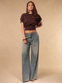 SHEIN x Luisa Sonza Silquee 女士纯色圆领蝙蝠袖短袖露脐上衣 - 咖啡棕 - 查看 4