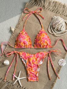 Swim Mod 2pcs/Set Orange And Pink Random Floral Print Ruffle Trim Halter Neck Triangle Bikini Top And Side Tie Bottoms Summer Cute Beach Vacation Holiday - Multicolor - View 5