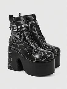 ROMWE Grunge Punk Giày sandal cao gót nữ ~ Thời trang mới 2026 Thu Đông phong cách Punk màu đen PU mũi tròn phong cách punk đế dày buộc dây phía trước kiểu hiệp sĩ phong cách Y2K Goth JK mạng nhện đường phố bốt ngắn bốt cưỡi ngựa - màu đen - Xem 3