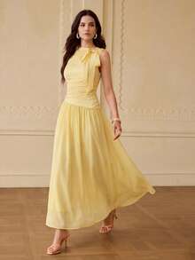 ZEYLAH ROBE ÉLÉGANTE ASYMÉTRIQUE À NŒUD PAPILLON, FLUIDE ET ROMANTIQUE, MI-LONGUE - Jaune citron - Voir 1
