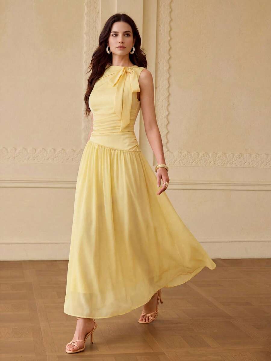 ZEYLAH ROBE ÉLÉGANTE ASYMÉTRIQUE À NŒUD PAPILLON, FLUIDE ET ROMANTIQUE, MI-LONGUE - Jaune citron - Voir 1