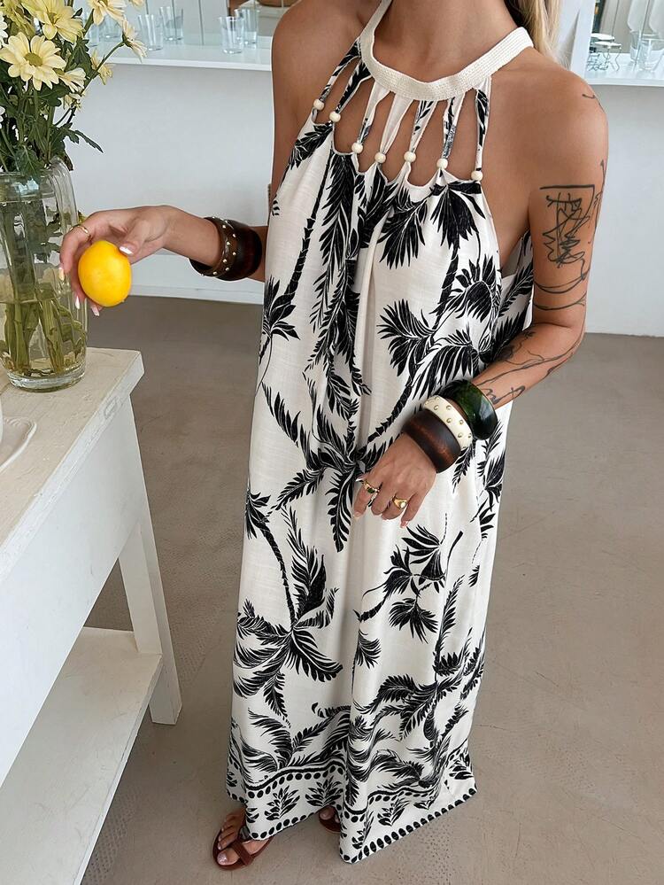 Women's Casual Hollow-Out Loose A-Line Beach Dress, Vacation Style, Blue French Print, Long Length, Spring & Summer