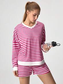 Loungeista Women Striped Long Sleeve Top And Shorts Lounge Set, Loose Fit, Color Block, V-Neck Casual Sleepwear Cozy Outfit, Fall Winter Clothesfor Summer - Purple - View 8