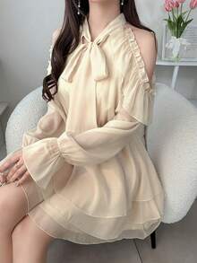 FRIFUL Women's Solid Color Off-Shoulder Long Sleeve Tie Neck Elegant Dress Sun Dresses For Women - Apricot - View 5