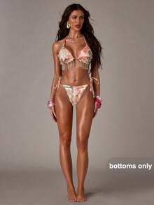 SHEIN BAE 1 chiếc quần bơi nữ, quần bơi lưới đính pha lê tua rua, thích hợp cho kỳ nghỉ hè ở bãi biển. - trái cam - Xem 5