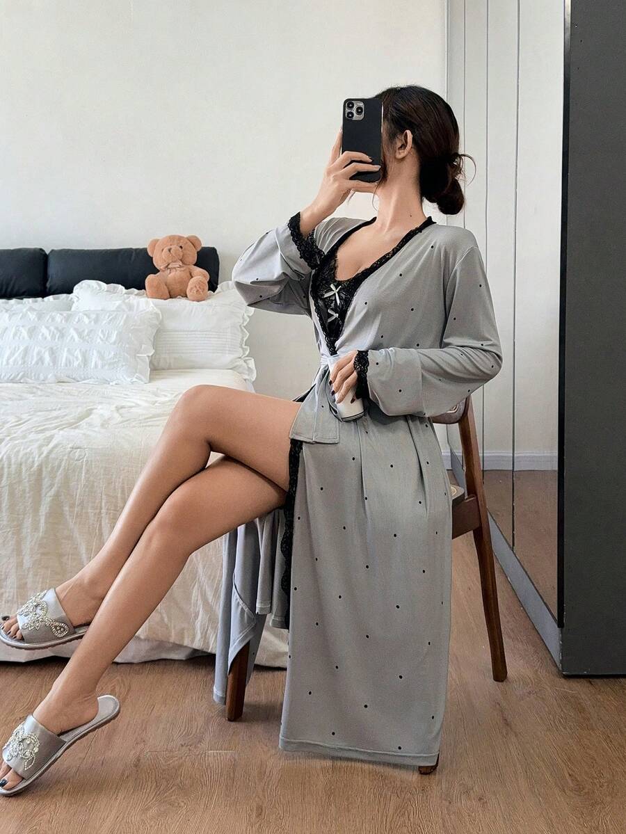 Napfluff Conjunto de camisola y bata de noche con encaje y lunares - Gris - Ver 1