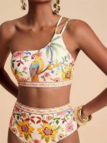 Travachic 女士夏季海滩度假鹦鹉热带植物印花挂脖比基尼套装 - 彩色 - 查看 6
