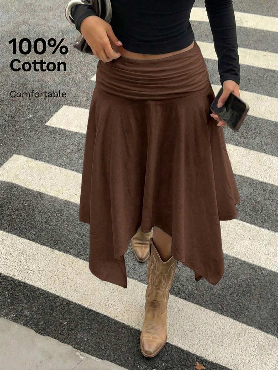Aloruh Falda midi plisada con bajo asimétrico, nueva de primavera/verano, 100% algodón, conjunto retro Y2K - Marrón - Ver 1