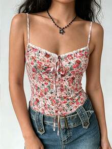 Cévolie Women's Floral Print Twist Front Camisole Top, Fashionable For Dates And Parties Cute Top Bustier Tops For Women Women's Corset Top Summer Tops For Women Women's Floral Top - Multicolor - View 7