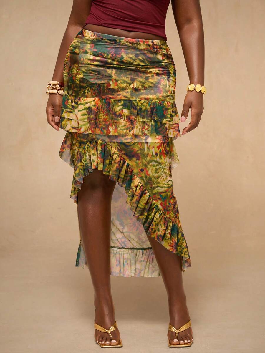 SHEIN BAE Plus Size Women's High Waist Asymmetric Tie-Dye Print Skirt,Tropical Animal & Plant Print Chiffon Asymmetrical Layered Ruffle Hem Skirt, Suitable For Vacation, Evening Party, Summer Party, Beach, Brunch, Layered Ruffle Hem Skirt, Patterned Skirt Tropical Skirt Long Floral Skirt Sarong Skirt Tropical Outfits Women Ruffle Skirt,Vacation Outfits Women,Summer Outfits,Beach Outfits For Woman,