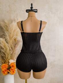 Swim Lushoire Women's Black Tankini Set Summer Casual Vacation Holiday,Spaghetti Strap V-Neck Bow Accent Top And Shorts Beach Swimwear,Solid Texture Fabric Suit - Black - View 2