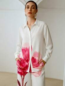 ZEYLAH Set de camisa con estampado de colocación casual y pantalones holgados, primavera/verano - Rosa - Ver 5