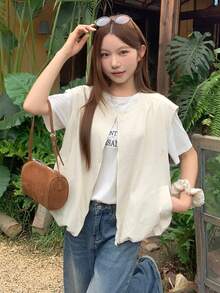 DAZY 女士纯色宽松圆领无袖褶皱休闲度假夏季薄款背心外套 - 杏色 - 查看 7