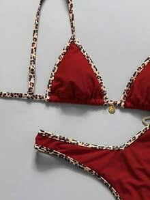 Swim Vcay Women's Red Halter Tie Back Bikini Set With Textured Animal Print And High Cut Bottom - Red - View 4