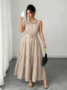 Elenzga Plus Size Women's Solid Color Casual Commuter Front Single-Breasted Button Sleeveless Shirt Dress, Pleated Dress, Summer - Apricot - View 1