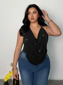 Firerie Camiseta de mujer de talla grande de unicolor con cuello drapeado con strass - Negro - Ver 3