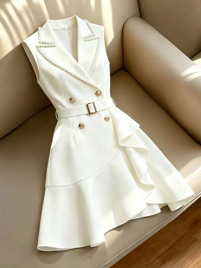 Franclia Women's Solid White Sleeveless Dress With Pearl Embellishments, Fitted Waist, Metal Button Details, And An Asymmetrical Hem With A Belt. Suitable For Summer, Spring, Easter, Holiday, Party, Beach, Wedding, Bridesmaid, Graduation, Graduation/Mother's Attire, Elegant Dresses, Casual Dresses, Vacation, Summer Holidays, Formal Dresses/Gowns, Formal Wear, Y2K Style, Workwear, Office Wear, Country Style, Sequined Dresses, Shimmering Dresses, Ruffled Dresses, And White Dresses.Graduation Season Attire, Fashionable Casual Commuter Wear, Business Office Wear, Versatile And Stylish Everyday Casual Wear, Urban Teacher's Professional Attire