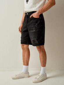 RONVEXI Men's Summer Casual Distressed Denim Shorts Black Jean Shorts Men - Black - View 5