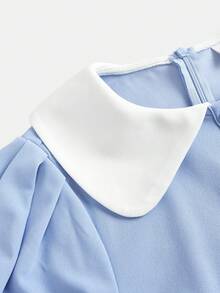 SHEIN Pitira Teen Girl & Teen Girls' Spring/Summer/Autumn Blue Knit Collared Button Contrast Color Waist Fit & Flare Dress, Elegant & - Blue and White - View 7