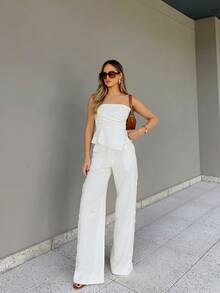 Firerie Bộ jumpsuit trắng ôm sát, thanh lịch, lãng mạn, bất đối xứng, kiểu dáng tối giản mới, thích hợp cho đám cưới, ngày Valentine, đi làm hàng ngày, xếp ly 3D, không tay, ôm dáng, dành cho nữ. - Màu be - Xem 12