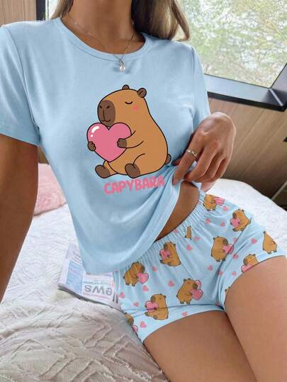 Bộ 2 món dành cho thiếu nữ, phong cách tối giản, màu trắng tinh, cổ tròn, tay ngắn và quần short, đồ mặc nhà thoải mái.