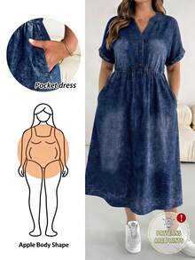 SHEIN Essnce 大码纯色斜插口袋翻领休闲短袖连衣裙 - 彩色 - 查看 1