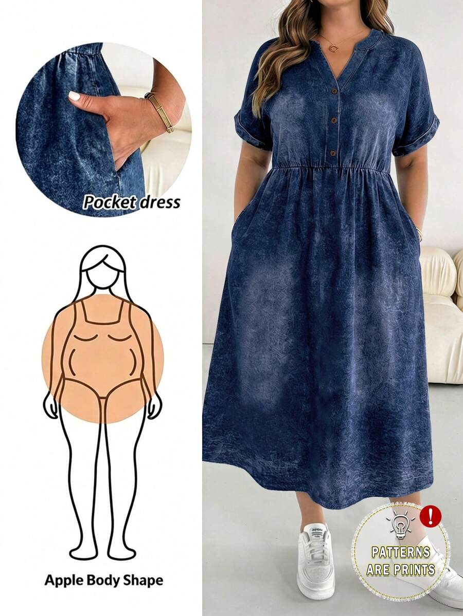 SHEIN Essnce 大码纯色斜插口袋翻领休闲短袖连衣裙 - 彩色 - 查看 1