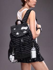 ROMWE Grunge Punk 1Pc Medium Gray Punk College Style Cat Paw Print Star Earphones Guitar Cat Card Cover Decorative Design Contrasting Color Multi-Pocket Striped Backpack, Fashionable And Casual Unisex Large-Capacity Backpack, Suitable For Commuting, School, Vacation And Other Matching Single Items - Medium gray - View 6